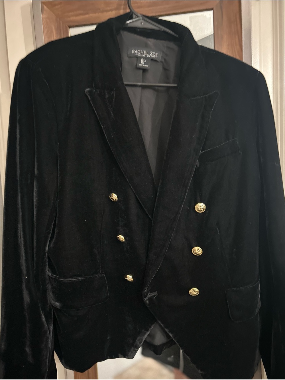 Rachel Zoe Black Velvet Double-Breasted Pea Coat with Gold Buttons
